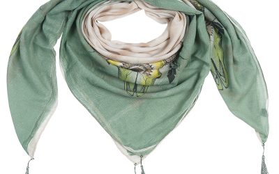 Sjaal Autumn Bull groen groene beige dames sjaal omslagdoek scarf buffel stieren kop detail kwastjes boho kopen online