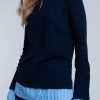 Blauwe Sweater Hemd donker blauwe dames truien met gestreept hemd detail onder trui sweater winter kleding werk online fashion bestellen