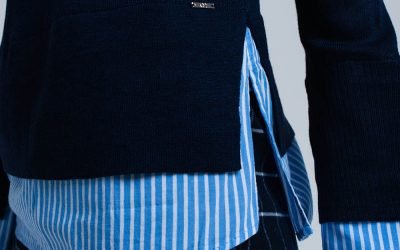 Blauwe Sweater Hemd donker blauwe dames truien met gestreept hemd detail onder trui sweater winter kleding werk online fashion bestellen detail