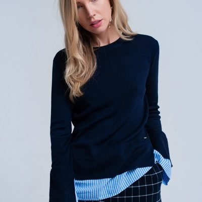 Blauwe Sweater Hemd donker blauwe dames truien met gestreept hemd detail onder trui sweater winter kleding werk online fashion kopen online
