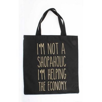 Zwarte canvas tas Shopaholic hippe grote canvas tas zwart tekst musthave fashion tassen dames online kopen
