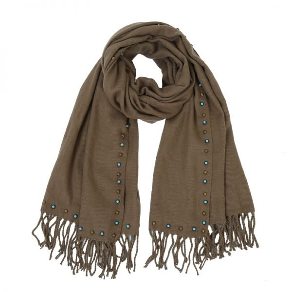 Sjaal-Studs-bruin bruine-lange-warme-wollen-sjaal-met-gekleurde-gouden-studs-dames-sjaals-omslagdoeken-winter