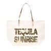 Strandtas Tequila Sunrise creme beige off white grote strandtassen met gouden letters en handvat beachbags strandtas zomer tassen