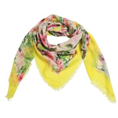 Sjaal Botanic paradise geel gele multi gekleurde dames sjaals met gekleurde bloemenprint vogels bomen musthave fashion omslagdoeken shawls sjaaltjes online