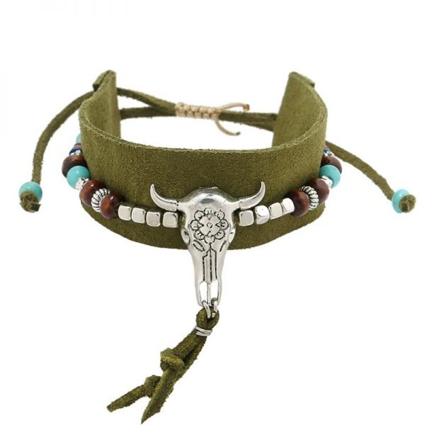 Armband-boho-beads groen groene seudine armband zilveren bedels bull veertjes dames armbanden koord veters shop online