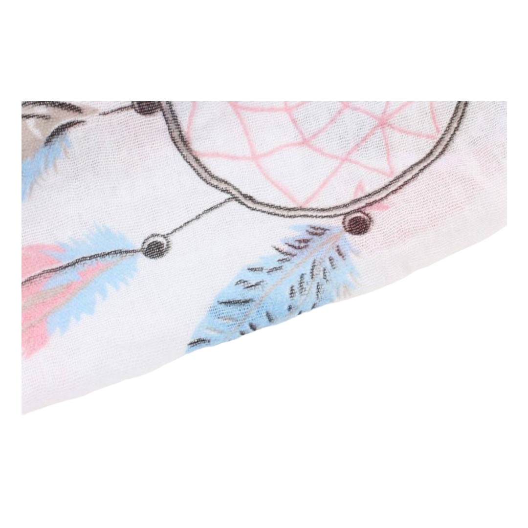Sjaal-Happy-Dreamcatcher-wit-witte-dames-sjaal-met-blauwe-roze-dromenvanger-print-vrolijke-sjaals-online-omslagdoek-ladies-shawls-online-details