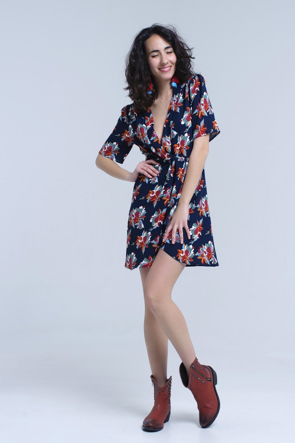 Onwijs Blauwe Jurk Happy Flowers | Hippe korte jurk met fashion bloemenprint JR-02