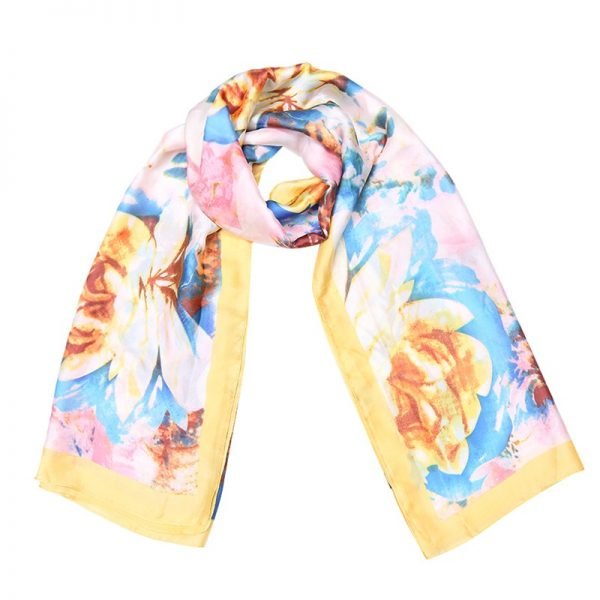 Zijde Sjaal Happy Spring geel gele bloemenprint silk shawls dames sjaal omslagdoeken modemusthaves online bestellen