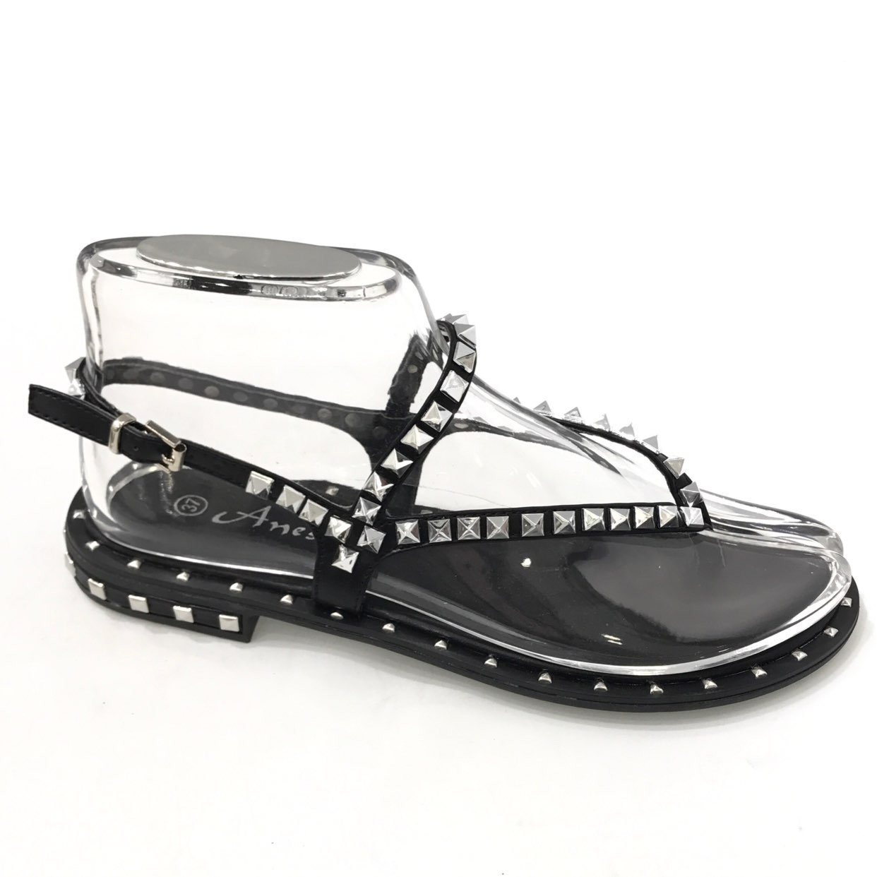 Wonderlijk Zwarte Sandalen Silver Studs | Hippe zwarte slippers met nep bont TO-71