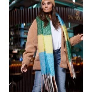 Multi Gekleurde Wintersjaal Warm groen geel dikke sjaals lange franjes kopen bestellen accessoires details