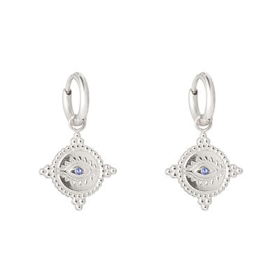 Oorbellen The Look zilver zilveren oorbellen met oog met blauwe steen bedel dames fashion sieraden kopen bestellen detail