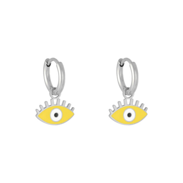 Oorbellen Pastel Eyes zilver zilveren oorbellen met geel gele oog bedel evil eye oorbellen kopen