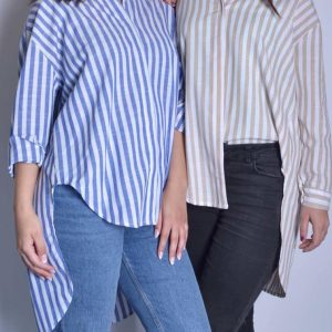 Blouse Stripes blauw blauwe beige getreepte dames hemden langere achterkant blauw wit gestreepte blousen trendy dames kleding kopen bestellen