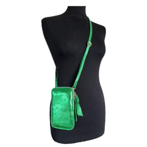 Leren-Schoudertasje-Metallic-Bliss-groen-groene-kleine-schoudertasjes-in-metallic-leer zilver beslag giuliano-bags-bestellen