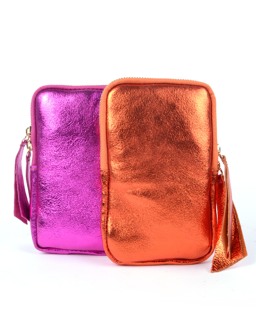 Leren Schoudertasje Metallic Bliss oranje fuchsia kleine schoudertasjes in metallic kleuren giuliano bags kopen