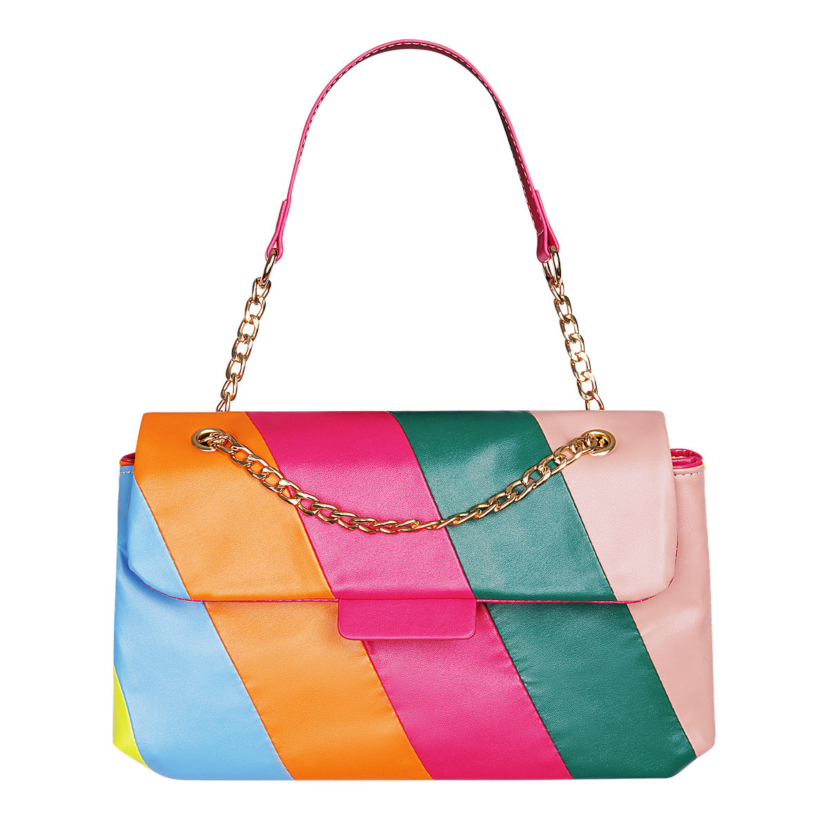 Schoudertas Rainbow fuchsia groen roze oranje blauw trendy regenboog gekleurde dames tassen kopen bestellen kettinghengsel