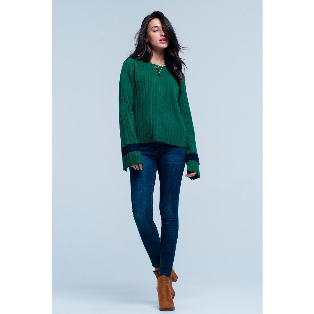 Groene-Trui-Billy -groen groene-dames-truien-kabel-gebreid-met-wijde-mouwen-en-streep-fashion-sweaters-online-kopen-warme truien