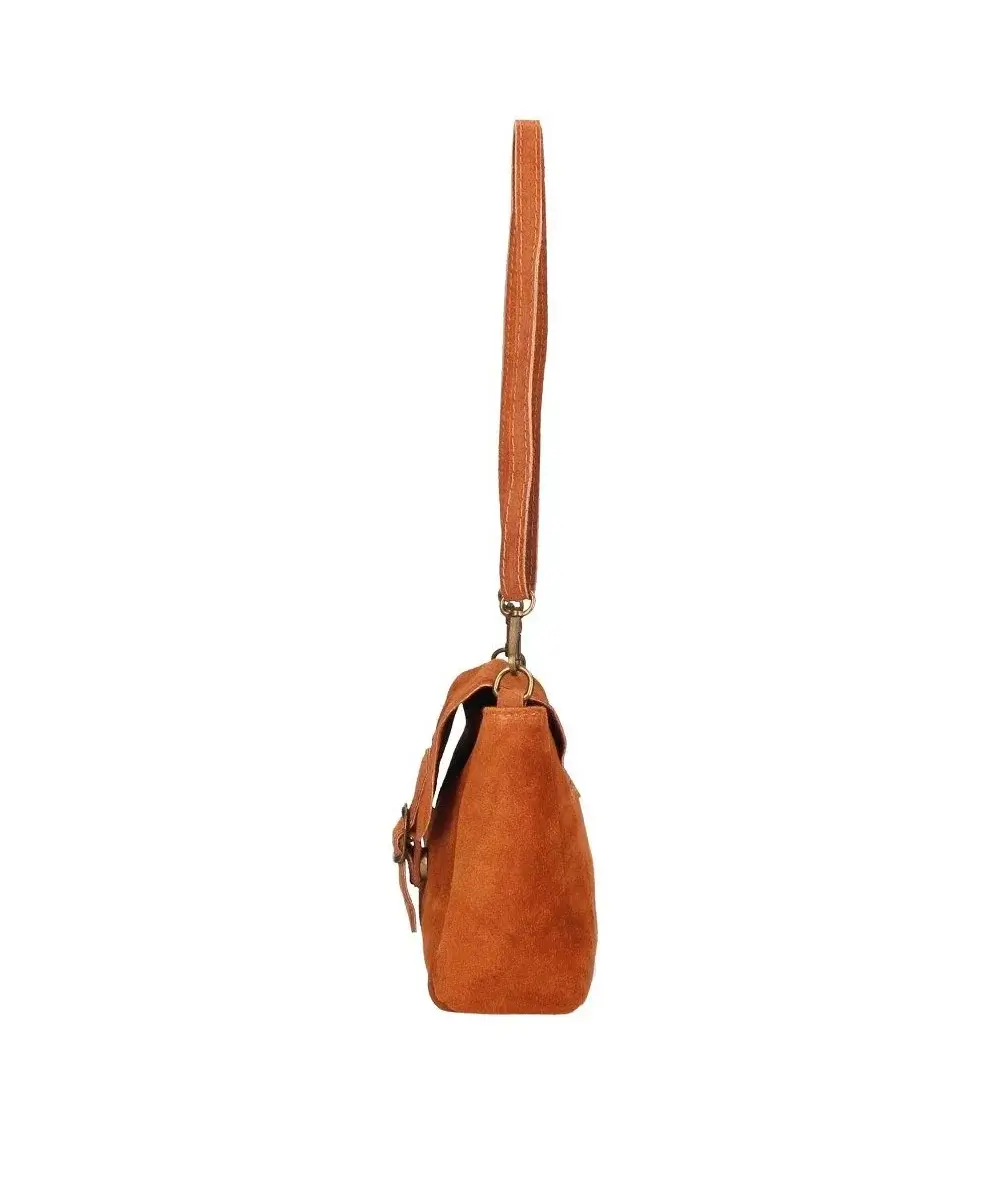 Suede Schoudertas Marcella papaya leren schoudertassen riemsluiting trendy suede fashion tas bags kopen bestellen zijkant