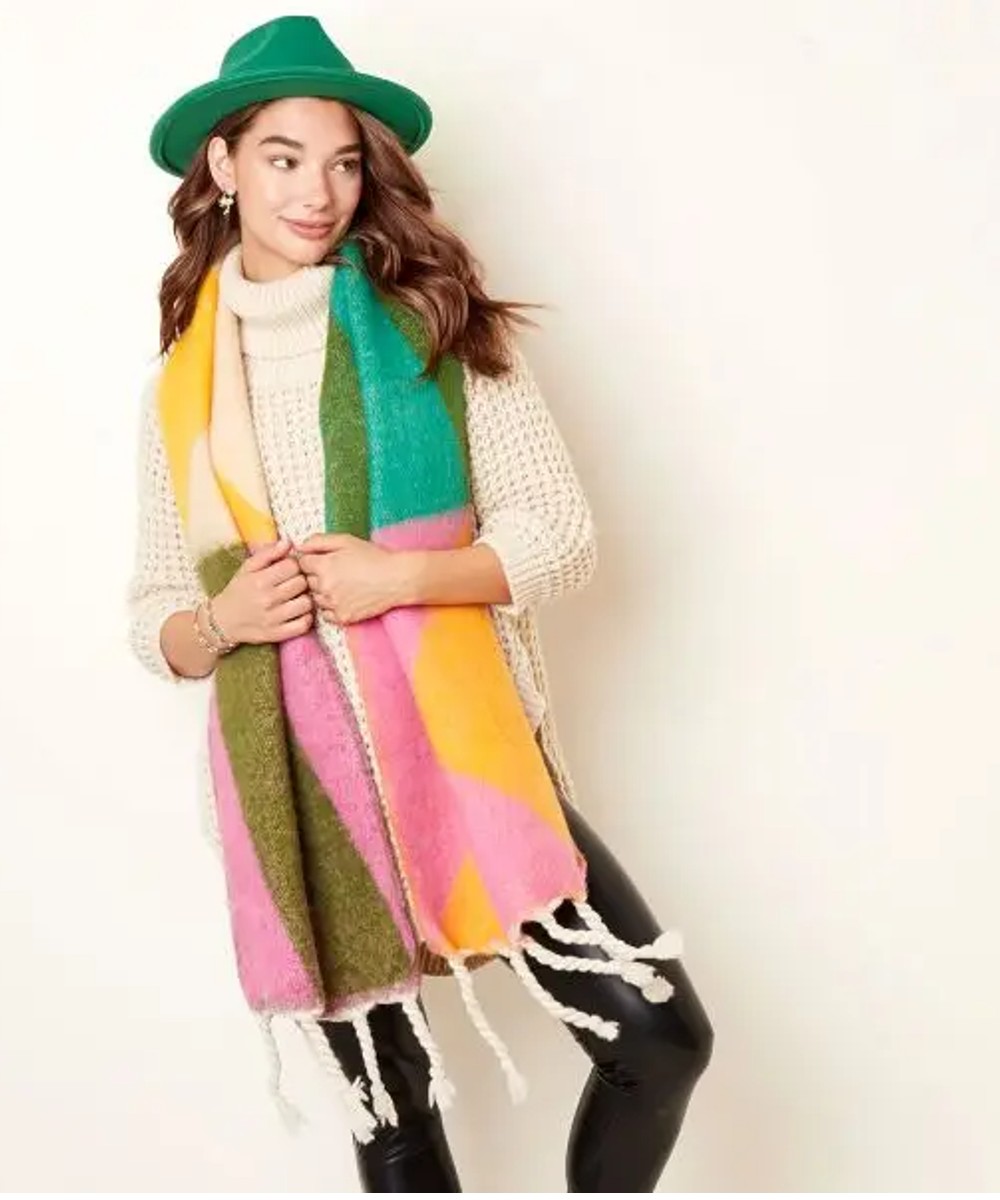 Wintersjaal-Abstract bruin groen blauw roze- geruit dikke-warme-sjaals-omslagdoeken-dames-winteraccesssoires-kopen winter-sjaals details