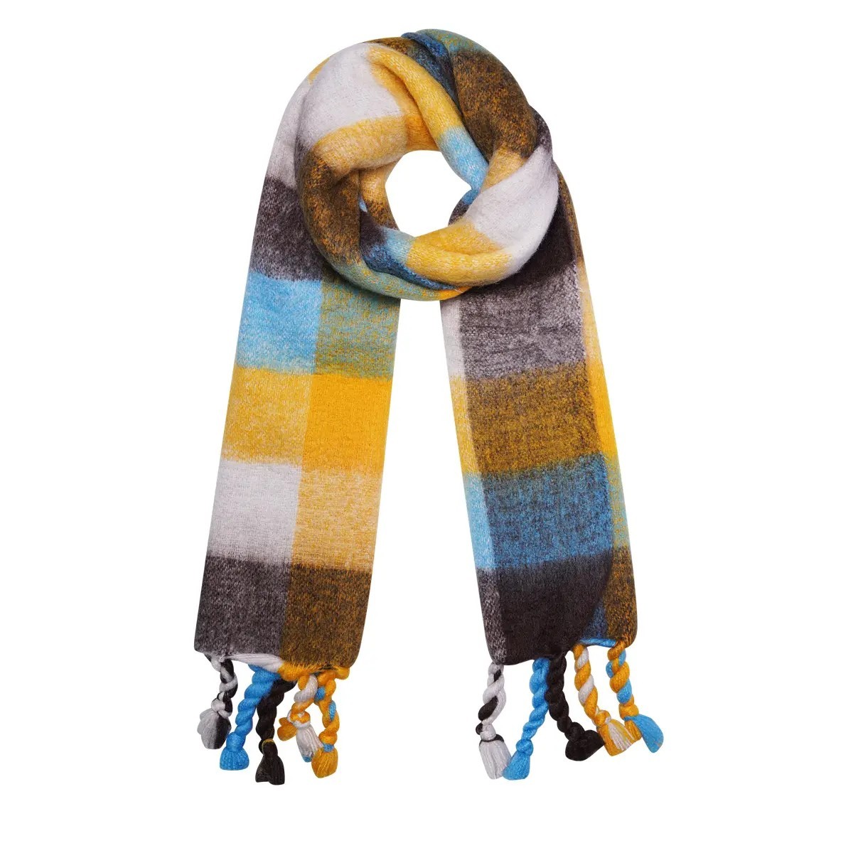 Wintersjaal Color Blocks-geel blauw multi gekleurde -dikke-warme-sjaals-omslagdoeken-dames-winteraccesssoires-kopen winter-sjaals