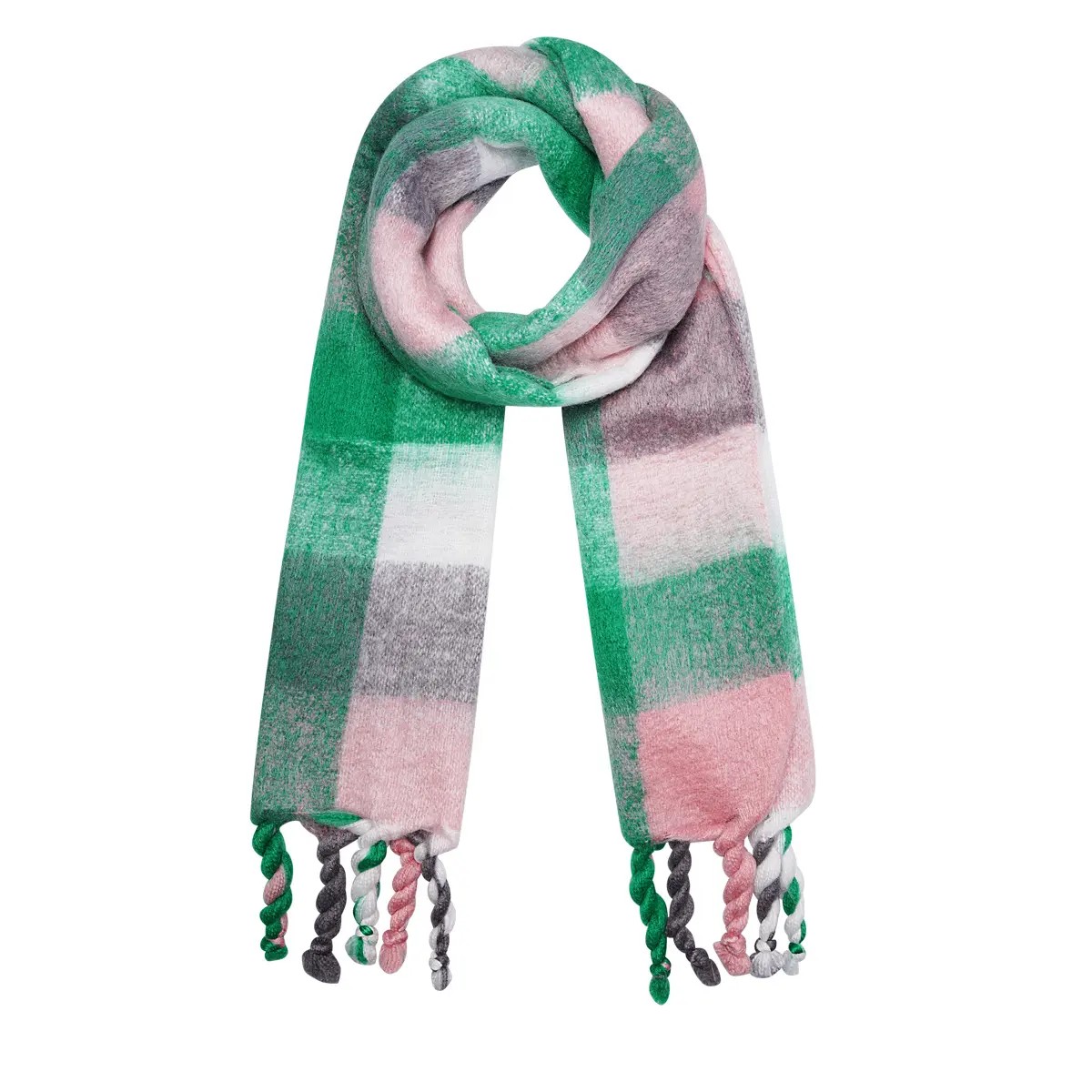 Wintersjaal Color Blocks-grijs roze groen multi gekleurde -dikke-warme-sjaals-omslagdoeken-dames-winteraccesssoires-kopen winter-sjaals