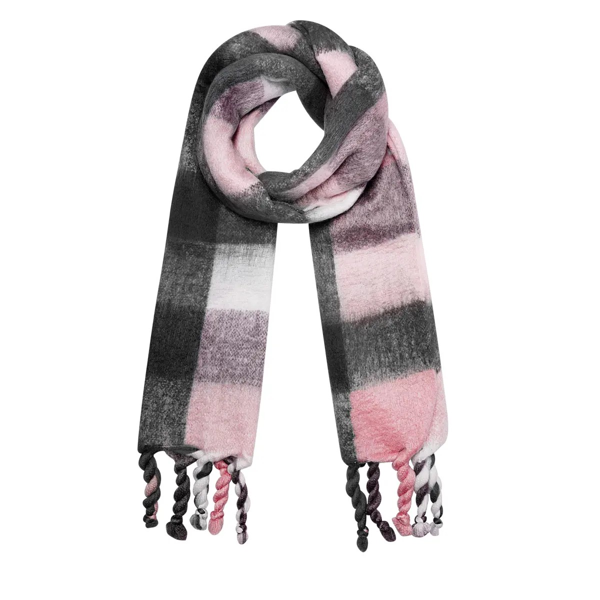 Wintersjaal Color Blocks-grijs roze zwart multi gekleurde -dikke-warme-sjaals-omslagdoeken-dames-winteraccesssoires-kopen winter-sjaals