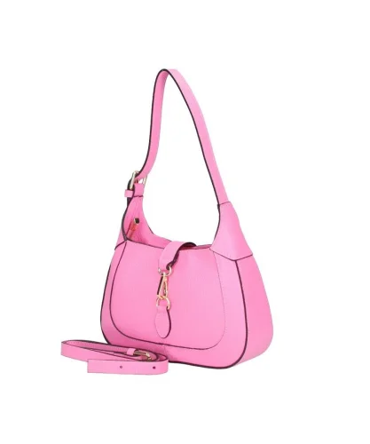 Leren-Schoudertas-Desiree-roze hot pink-gouden-horse bit detail-trendy-leer-tassen-dames-look-a-like-kopen-bestellen-luxe