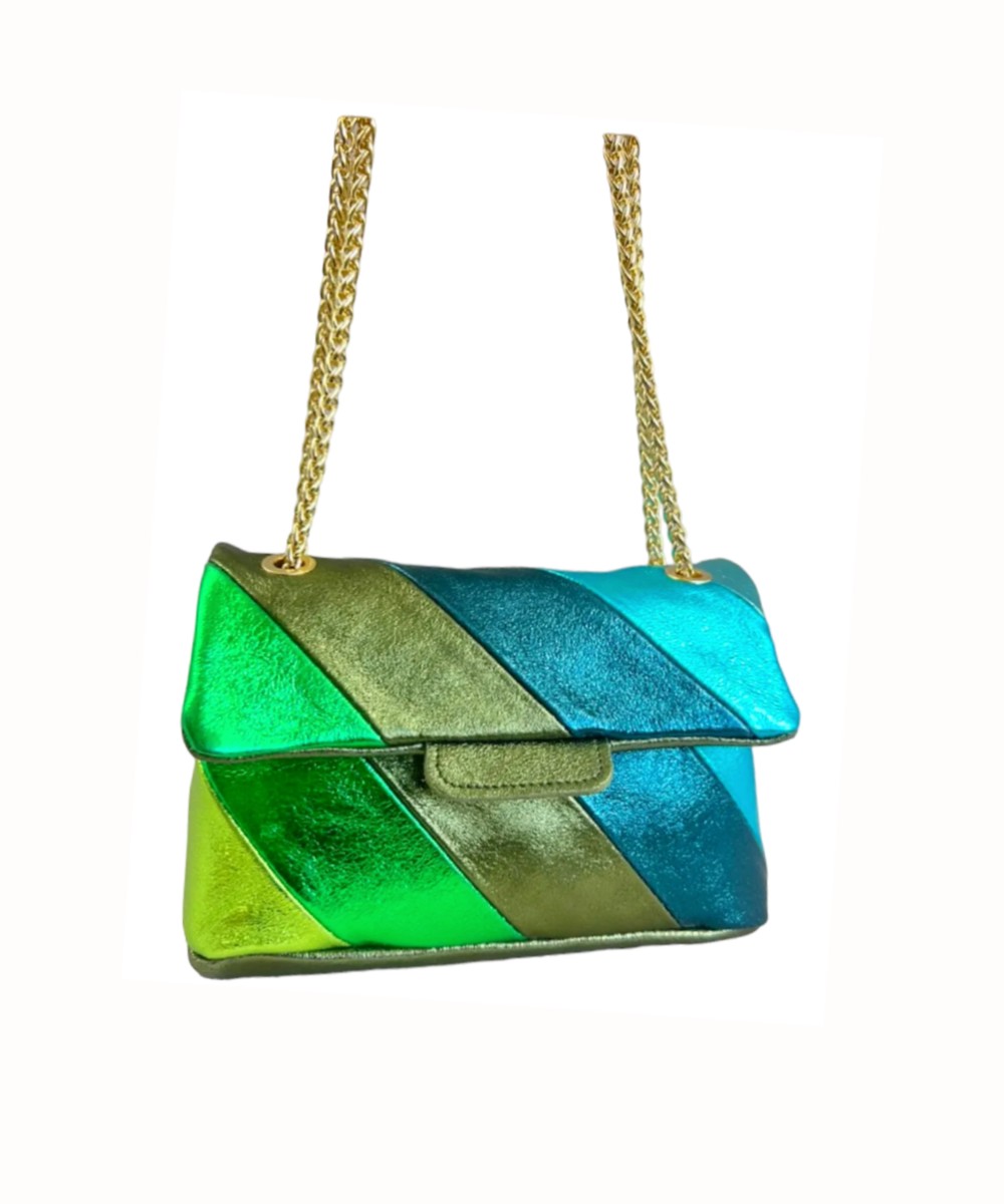 Leren-Schoudertas- metallic Rainbow blauw groen mint-look-a-like-it-bags-regenboogkleuren-tas schoudertas kettinghengsel-bestellen-kopen