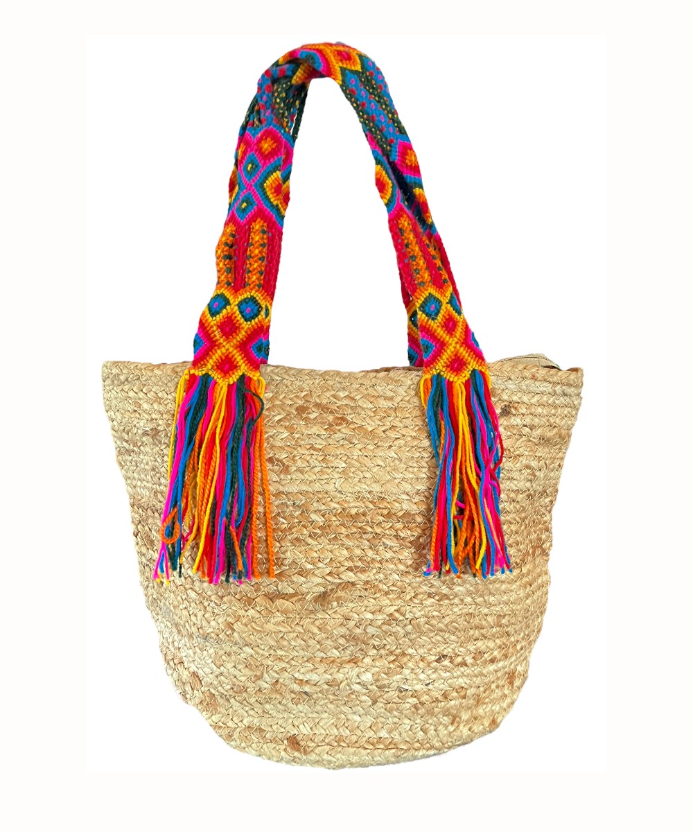 Strandtas Boho Ibiza jutte manden strandtassen tassen kleurrijke hengsels boho tas kopen bestellen