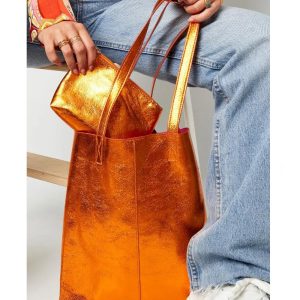 Metallic Shopper Oranje orange trendy handtassen etui metallic kunstleren tassen tas kopen bestellen