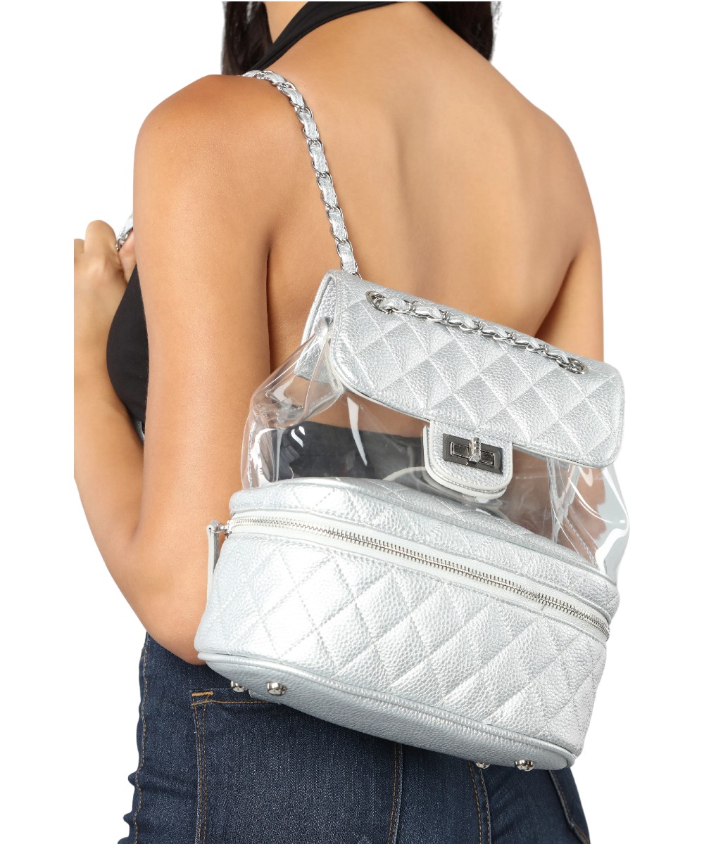 Rugtas-Coco Love-zilver-zilveren-half-doorzichtige-kleine-rugzakken-schoudertassen met-stiksels-en-ketting-hengsel-kopen-bestellen online detail