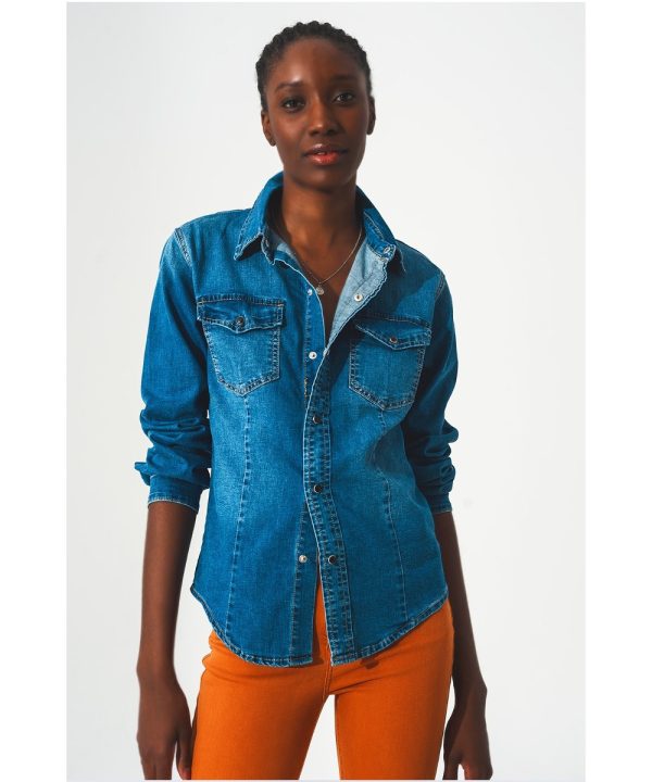 Blauwe Denim Spijkerblouse blauw jeans overhemd met-drukknopen dames kleding hemden kopen bestellen fashion1