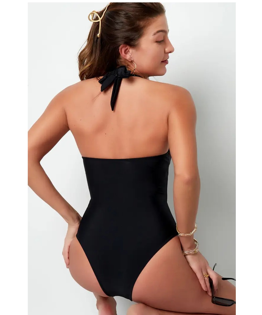 Zwart Badpak Gold Stripes zwarte sexy dames badpakken open buik detail trendy yehwang zwemkleding kopen bestellen achter 1