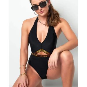Zwart Badpak Gold Stripes zwarte sexy dames badpakken open buik detail trendy yehwang zwemkleding kopen bestellen detail