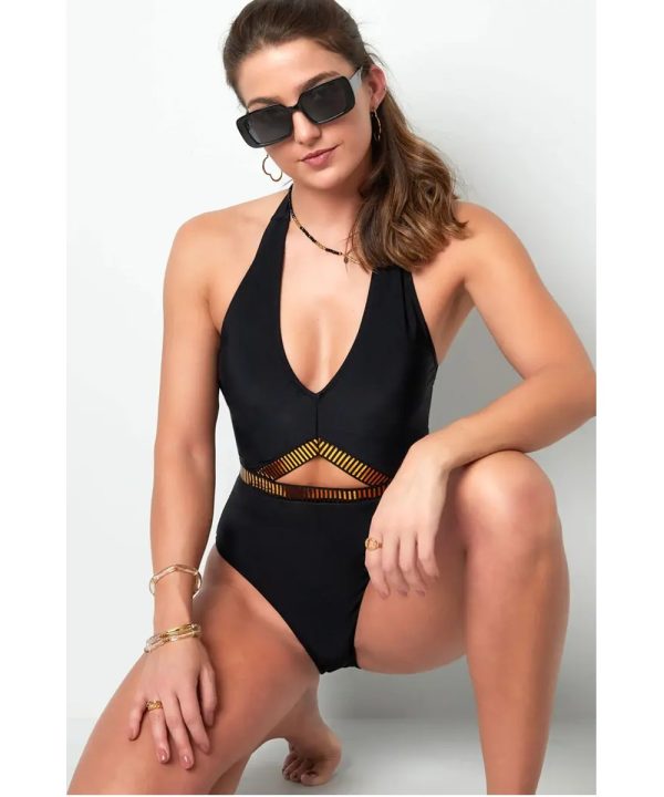 Zwart Badpak Gold Stripes zwarte sexy dames badpakken open buik detail trendy yehwang zwemkleding kopen bestellen detail