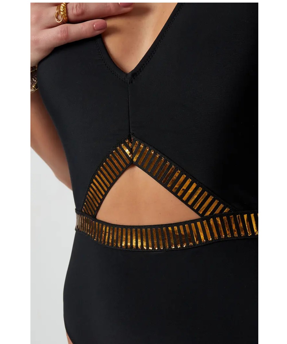 Zwart Badpak Gold Stripes zwarte sexy dames badpakken open buik detail trendy yehwang zwemkleding kopen bestellen detail1