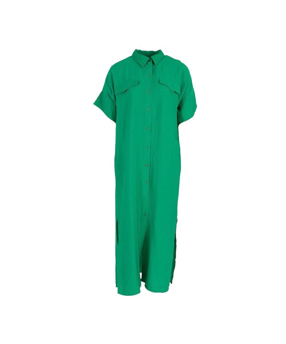 Maxi Jurk Linda groen groene lange doorknoop jurken dames kleding zomer jurken kraag zakken korte mouwen kopen bestellen