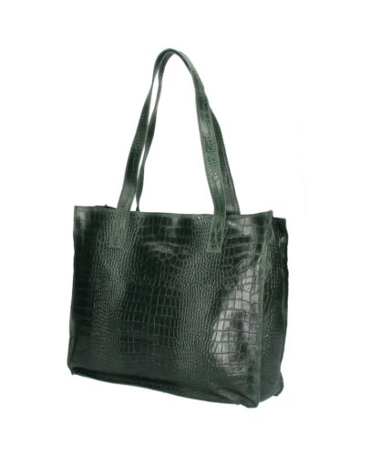 Leren Croco Shopper Marisa donker groen groene leer handtassen krokodillen print dames tassen kopen bestellen side
