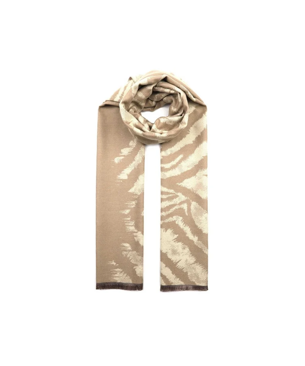 Wollen Sjaal Nalia taupe beige lange warme grote dames sjaals zebra print wol sjaals kopen bestellen twee kleuren