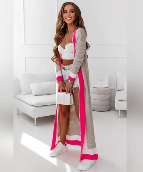Colorblock Vest Lisa fuchsia grijs beige lange open dames vesten geblokte print trendy fashion kleiding kopen bestellen achter zij