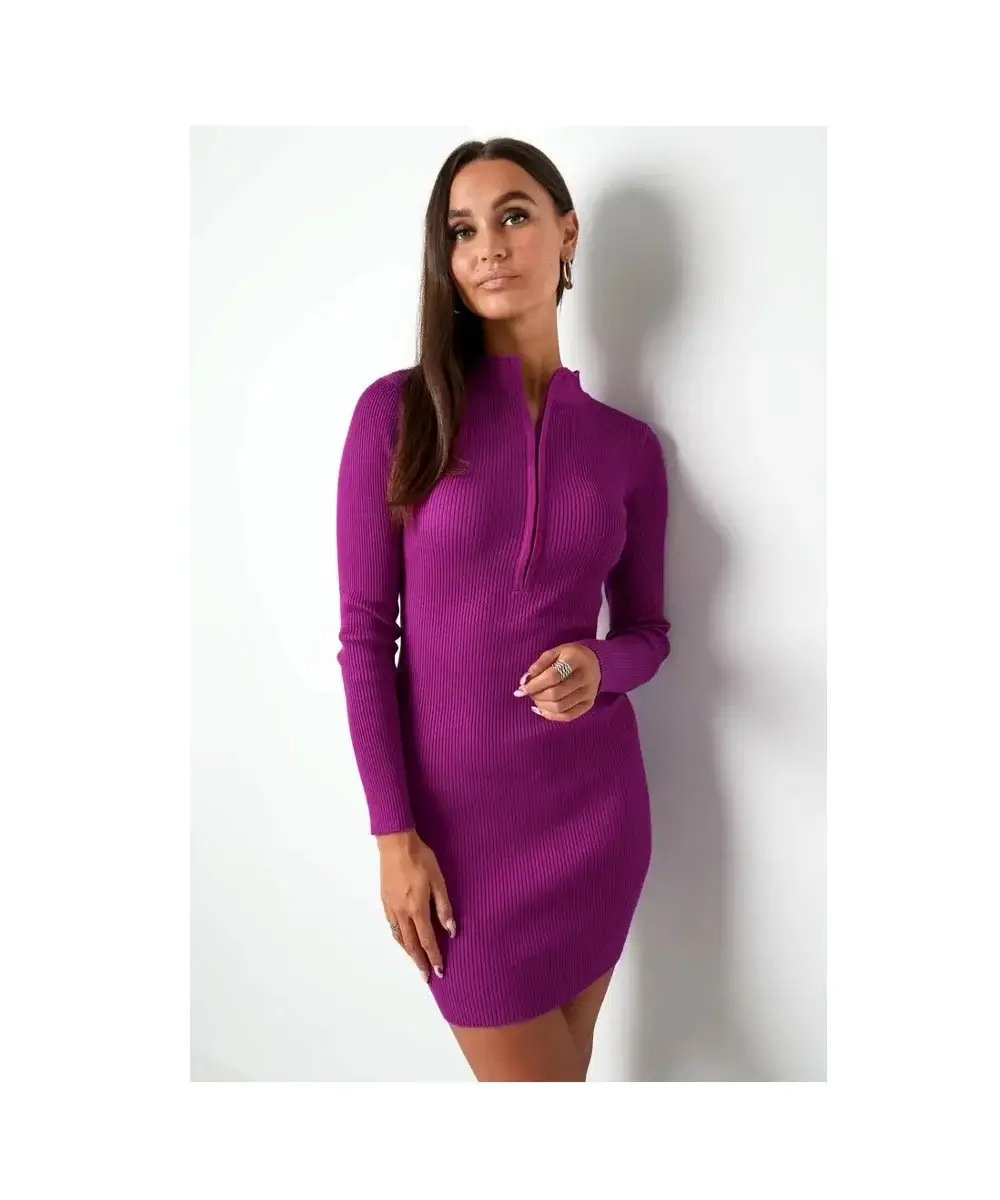 Midi jurk Zipper paars paarse half lange stretch jurken met rits trendy jurken kopen bestellen
