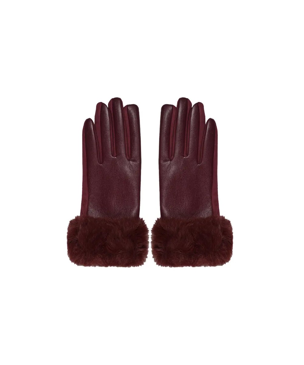 Bordeaux Faux Leather Fur Handschoenen rood rode handschoenen wol detail leer kopen bestellen handschoen wanten achter