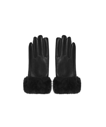 Zwart Faux Leather Fur Handschoenen Zwarte handschoenen wol detail leer kopen bestellen handschoen wanten achter