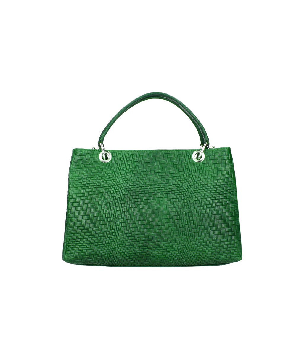 Groene Leren-Handtas-Woven- groen dames-handtassen geweven motief-kettinghengsel-trendy-musthave-fashion-tassen-kopen-leer-leder-shoppers handtassen schoudertassen achterkant