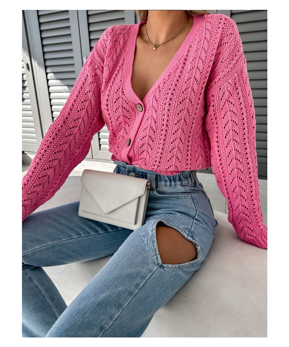 Roze Vest Marilou roze pink gehaakt v hals knopen trendy fashion korte vesten cardigans dames kleding kopen bestellen