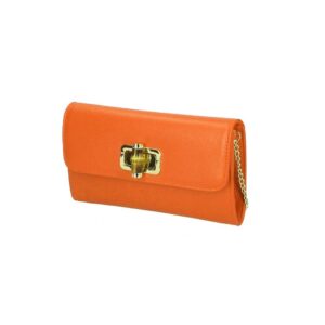 Leren Clutch Bamboe Draaislot oranje orange clutches gouden kettinghengsel chique luxe tassen leer kopen bestellen side