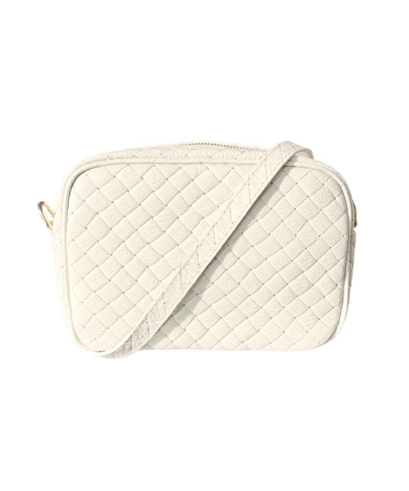 Beige Geweven Leren Camera Tas beige gevlochten motief schoudertassen crossbodytassen dames tassen italiaans leder kopen bestellen