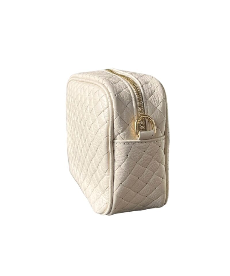 Beige Geweven Leren Camera Tas beige gevlochten motief schoudertassen crossbodytassen dames tassen italiaans leder kopen bestellen zij