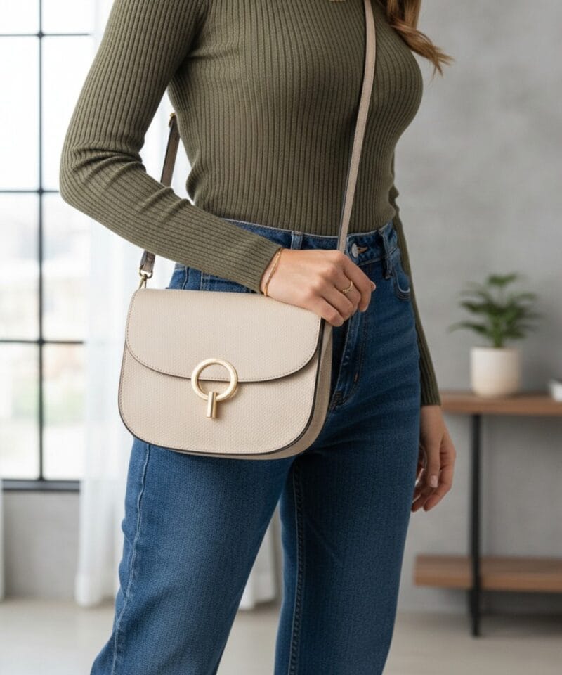 Beige Leren Schoudertas Ronde Gesp Beige leder leer schoudertassen dames stevig luxe trendy dames tassen kopen bestellen model