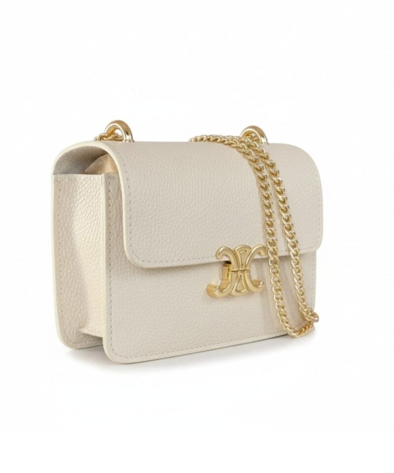 Beige Schoudertas Celia beige leren leer schoudertassen ketting hengsel gouden gesp kopen bestellen side1